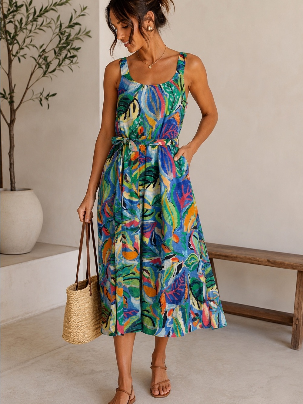 NIC+ZOE Blue and Green Tropical Print Midi Dress